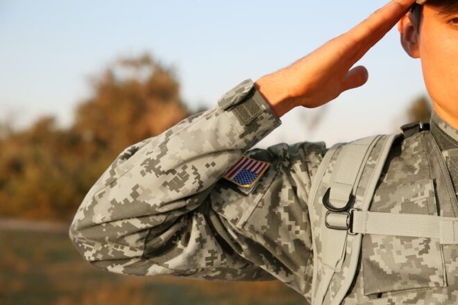 Soldier in camouflage saluting